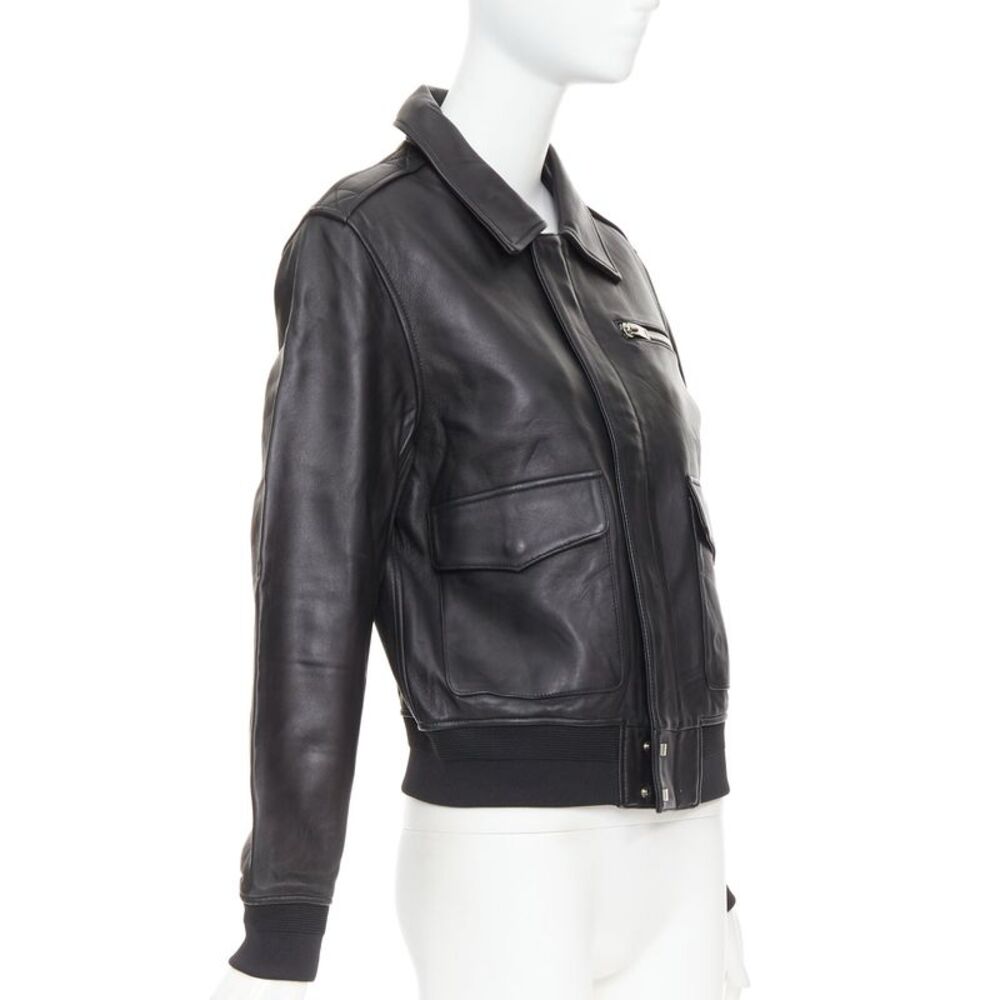 SAINT LAURENT 2020 black sheepskin leather pocketed flight jacket L - Picture 4 of 10